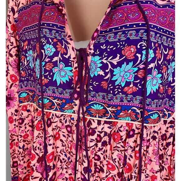 NWT R Vioimas Boho Puff Longsleeve Floral Print Maxi Dress Womens L Pink Purple - Picture 3 of 10
